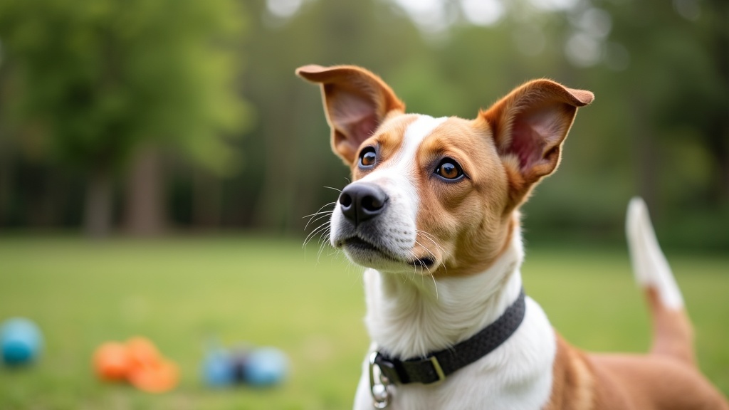 A focused dog making eye contact during outdoor training